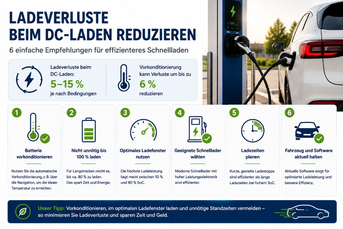 Liste mit Tipps, wie beim DC-Schnellladen Ladeverluste reduziert werden können.