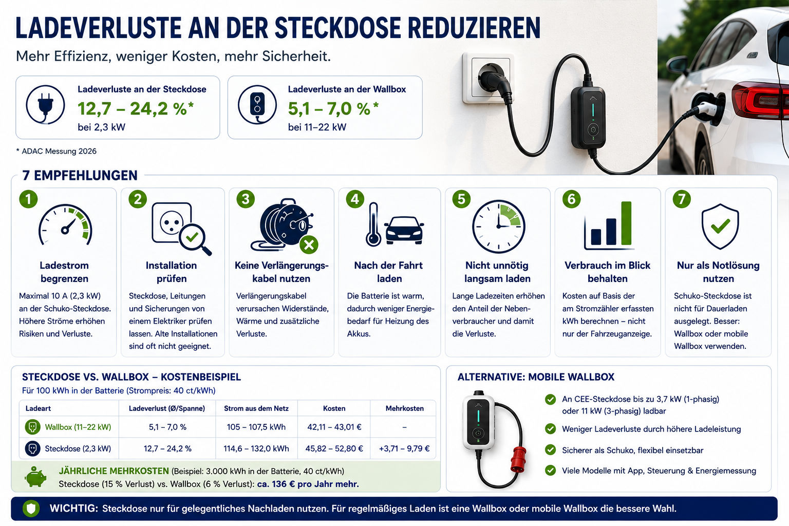Tipps, wie man Ladeverluste beim Laden an der Steckdose reduzieren kann.