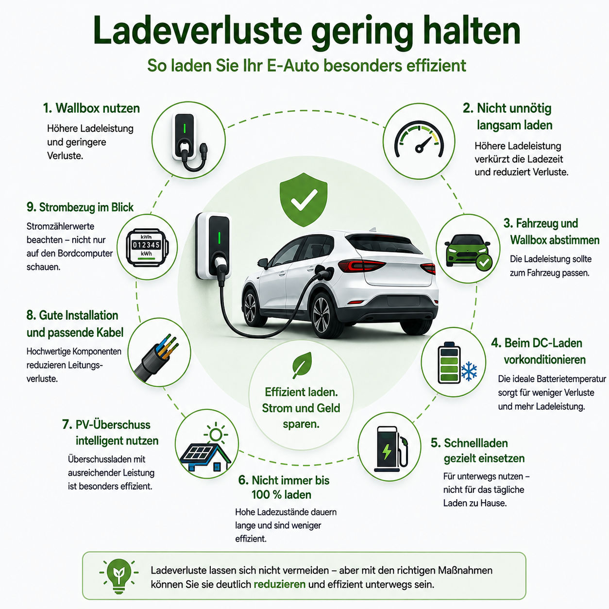 Liste mit Möglichkeiten, wie die Ladeverluste beim Laden eines E-Autos minimiert werden können.