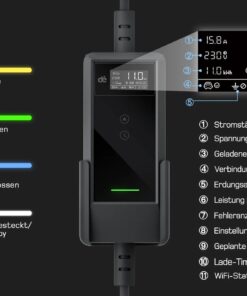 Mobile Ladestation 11 kW v2 mit Display für Ladestrom, Spannung, Ladeleistung, Ladezeit und Wi-Fi-Status