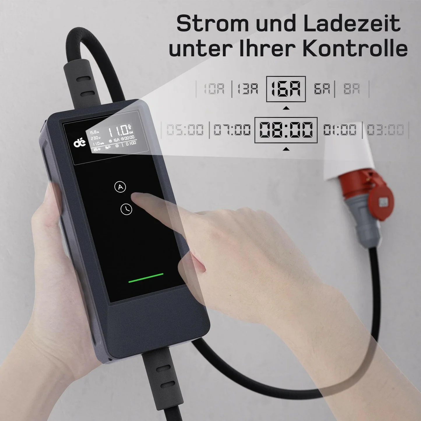 Mobile-Ladestation-11-kW-v2-Strom-und-Ladezeit Mobile Ladestation 11 kW v2 mit Display zur Einstellung von Ladestrom und Ladezeit