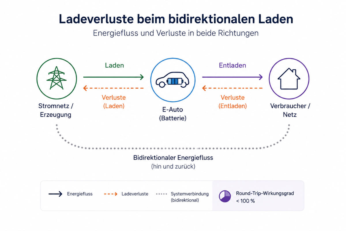 Schematische Skizze, wo beim bidirektionalem Laden Ladeverluste entstehen.