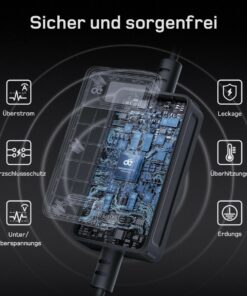 Mobiles Typ-2-Ladekabel mit integrierten Sicherheitsfunktionen wie Überstrom-, Kurzschluss-, Über- und Unterspannungsschutz sowie Überhitzungs- und Erdungsschutz