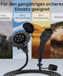 Typ 2 Verlängerungskabel mit IP54 Schutz, wasserbeständig und für den ganzjährigen Einsatz