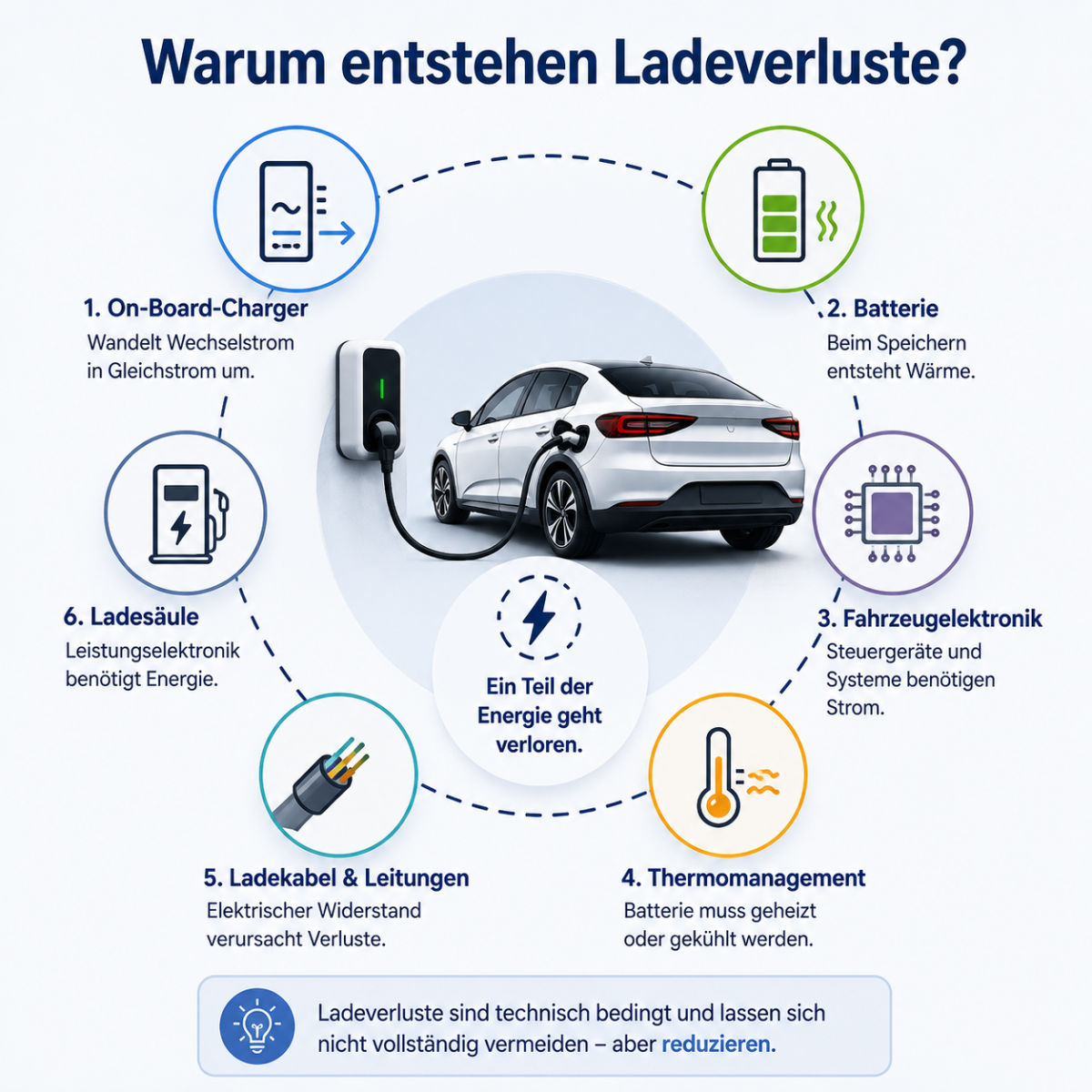 Liste mit den Ursachen von Ladeverlusten beim Laden eines E-Autos.