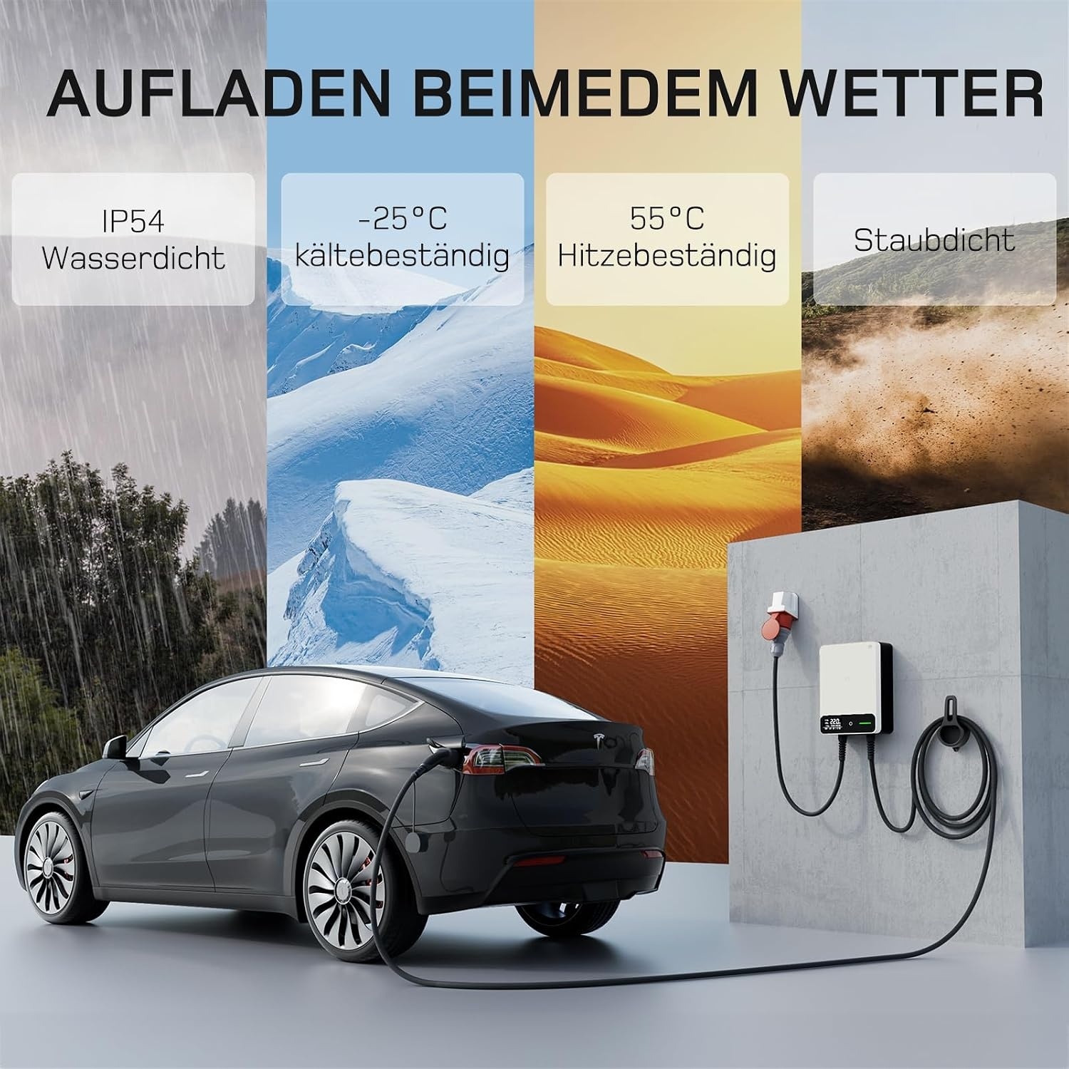 Dé Wallbox mit 10 m langem Ladekabel zum Laden von Elektroautos auf der Einfahrt; die technische Skizze zeigt Kabellänge und Anschlussabstände Dé Wallbox mit 10 m langem Ladekabel zum Laden von Elektroautos auf der Einfahrt; die technische Skizze zeigt Kabellänge und Anschlussabstände