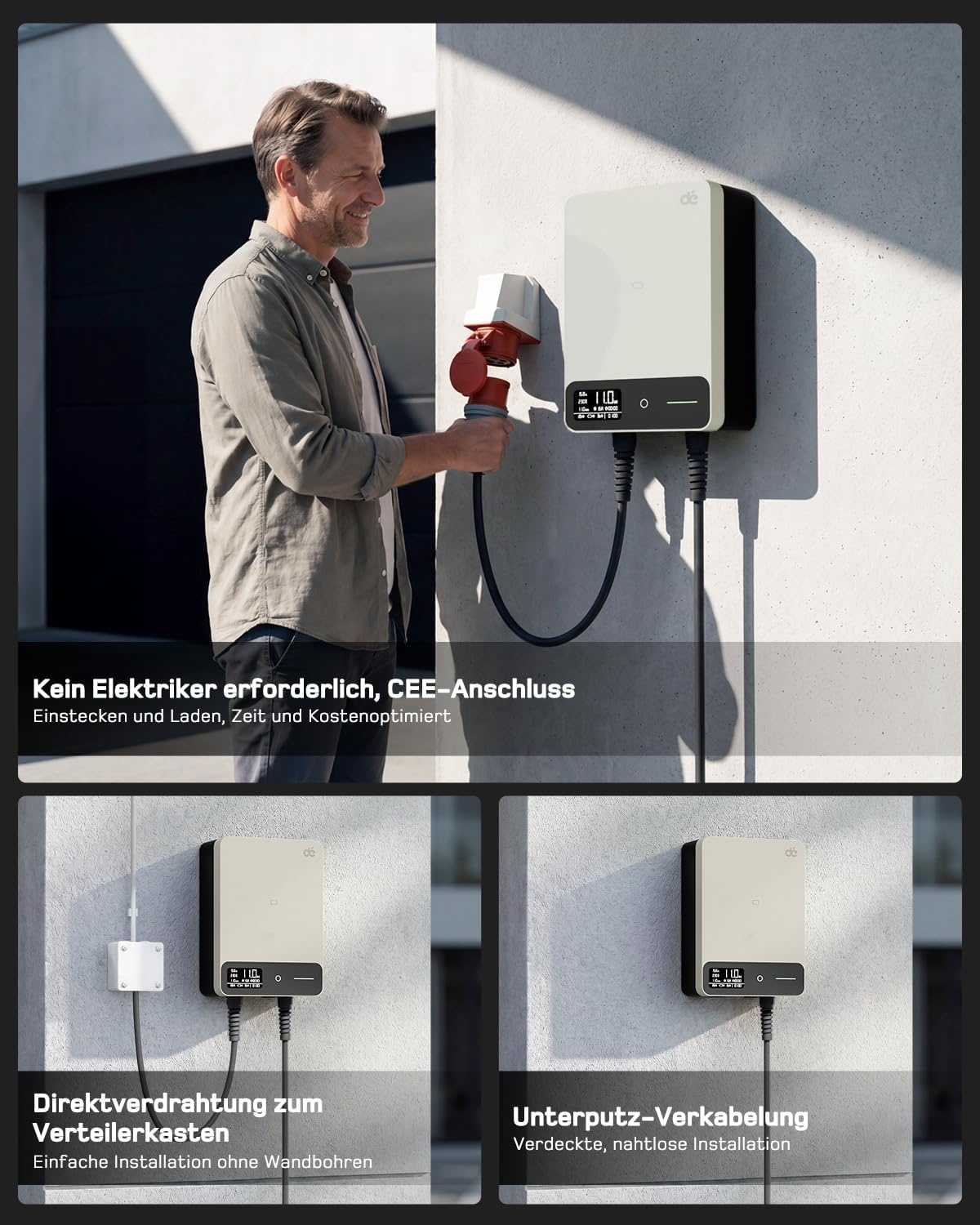 dé Wallbox mit 10 m langem Ladekabel und fünf verfügbaren Kabellängen von 5 bis 15 m dé Wallbox mit 10 m langem Ladekabel und fünf verfügbaren Kabellängen von 5 bis 15 m