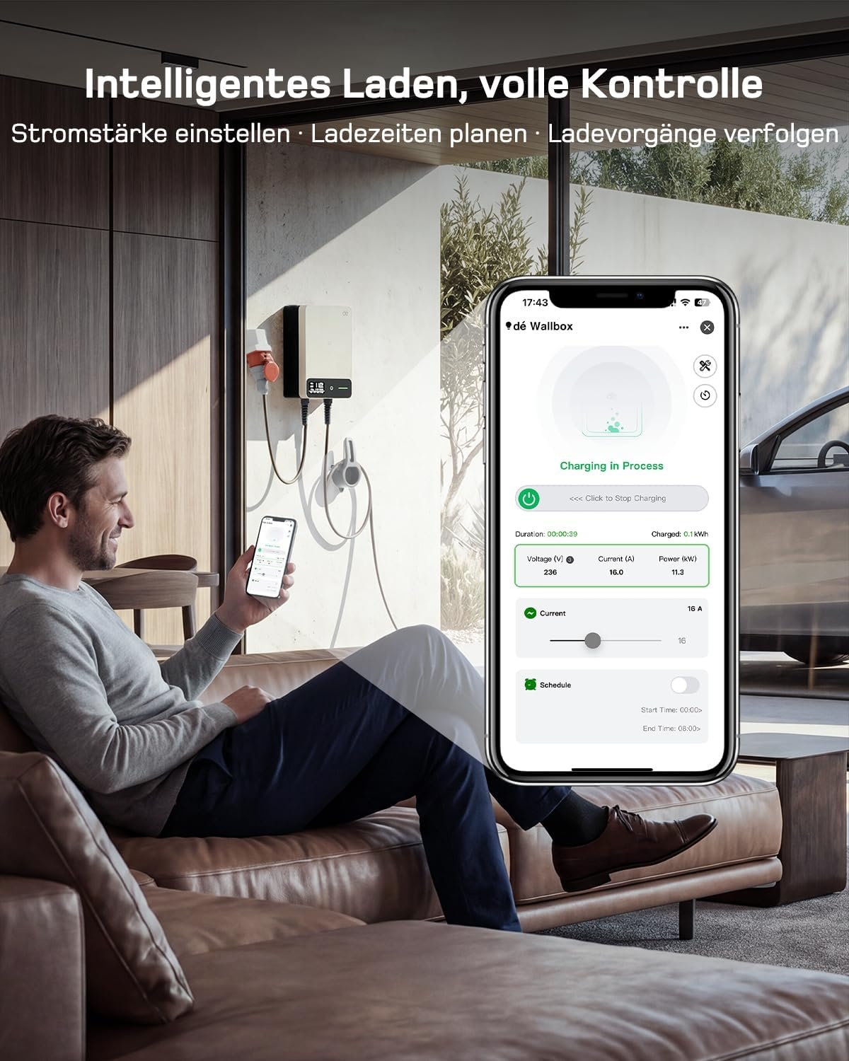 dé Wallbox mit App-Steuerung zum Einstellen der Stromstärke, Planen von Ladezeiten und Verfolgen von Ladevorgängen dé Wallbox mit App-Steuerung zum Einstellen der Stromstärke, Planen von Ladezeiten und Verfolgen von Ladevorgängen