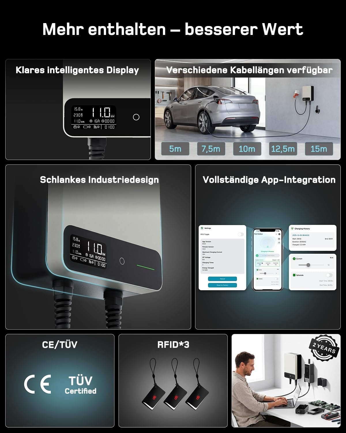 dé Wallbox mit gut lesbarem HD-Display zur Anzeige von Ladeleistung, Stromstärke und Ladestatus dé Wallbox mit gut lesbarem HD-Display zur Anzeige von Ladeleistung, Stromstärke und Ladestatus
