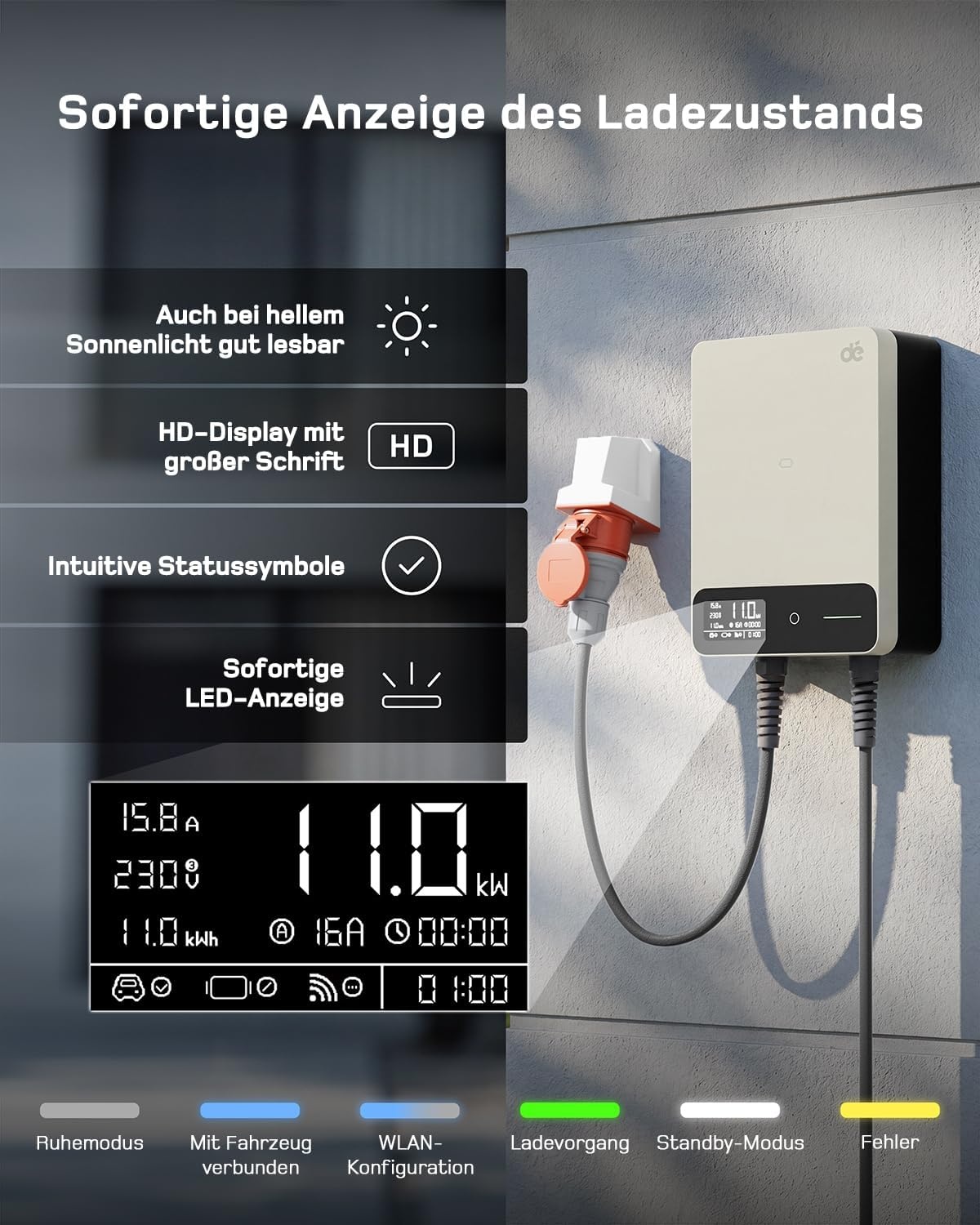 dé Wallbox mit Display, verschiedenen Kabellängen, App-Integration, RFID-Karten und CE-/TÜV-Kennzeichnung dé Wallbox mit Display, verschiedenen Kabellängen, App-Integration, RFID-Karten und CE-/TÜV-Kennzeichnung
