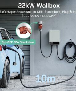 Dé Wallbox mit IP54-Schutz für das Laden bei Regen, Kälte, Hitze und staubigen Bedingungen; die Produktgrafik nennt einen Temperaturbereich von −25 °C bis 55 °C