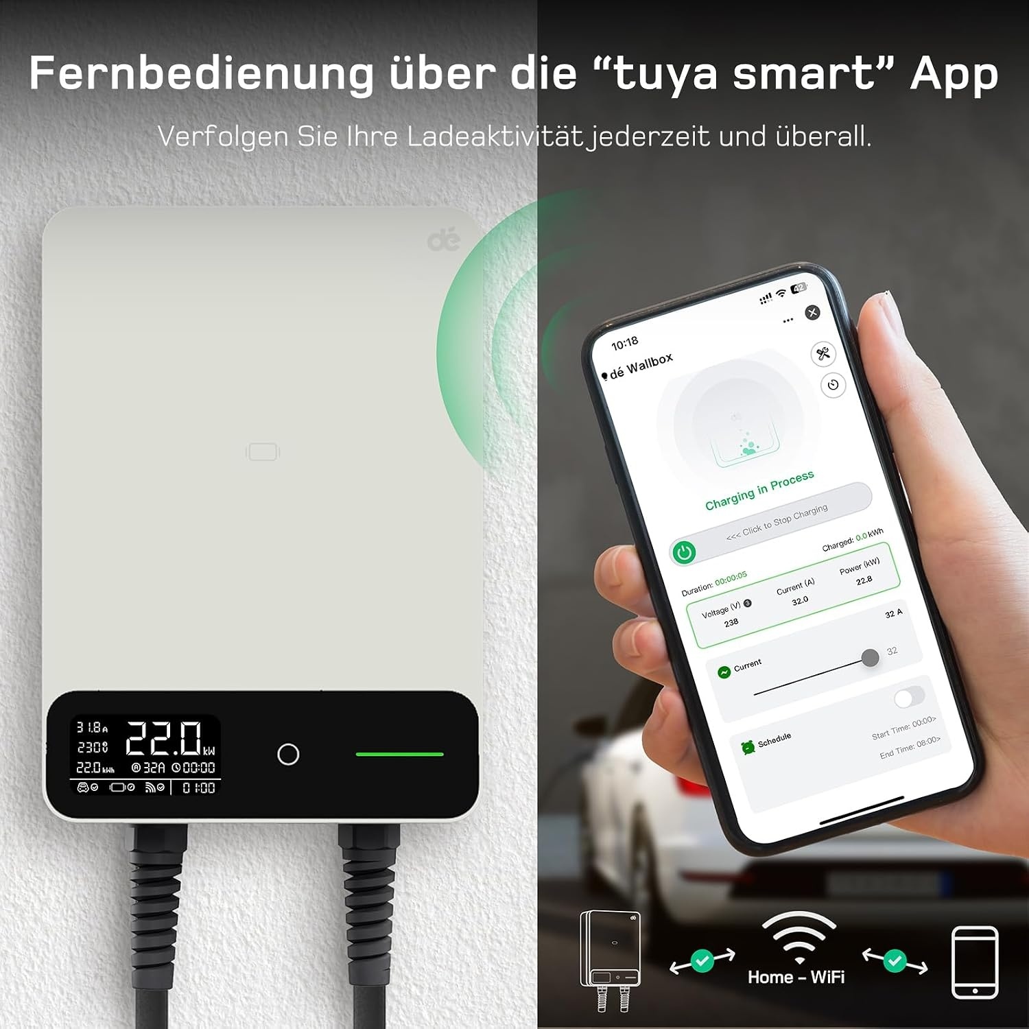 Dé Wallbox 22 kW mit einstellbarer Stromstärke von 6 bis 32 A und zeitgesteuertem Laden zur Senkung der Stromkosten Dé Wallbox 22 kW mit einstellbarer Stromstärke von 6 bis 32 A und zeitgesteuertem Laden zur Senkung der Stromkosten